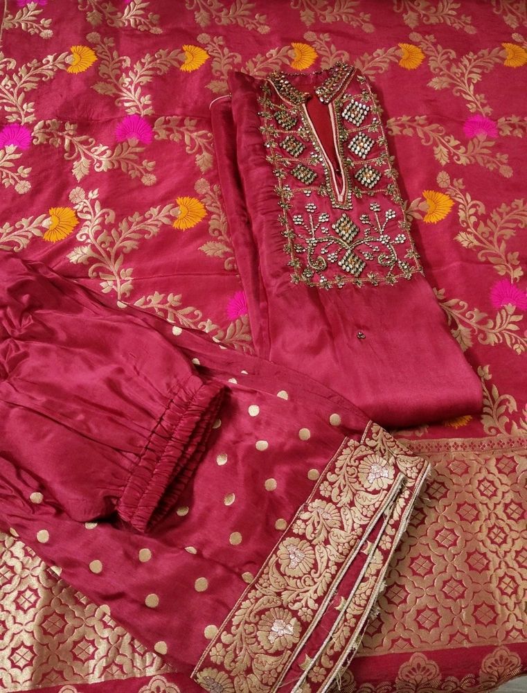 Wedding Red Meena & Zardozi, Zari Work Silk Suit