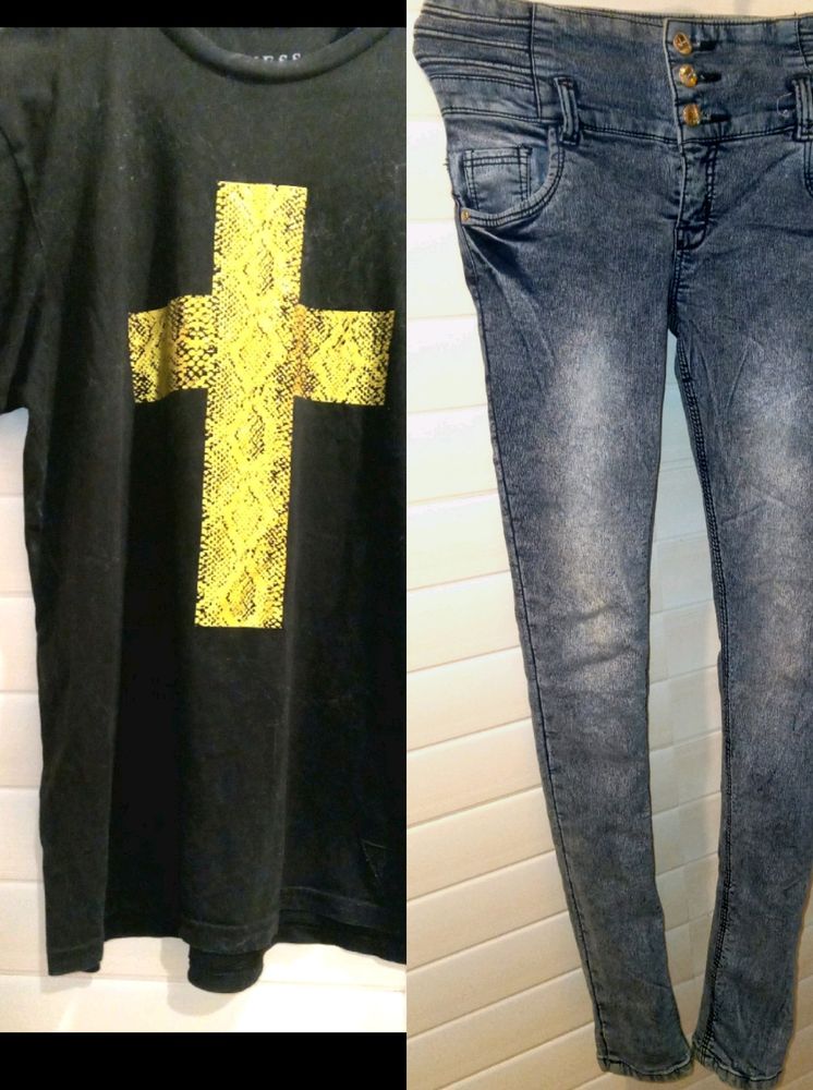 GUESS COTTON TEE&DENIM HIGH WAIST JEANS !