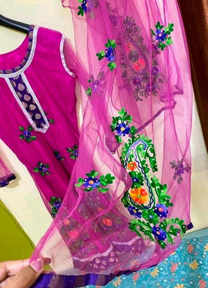 Net Pink Kurti With Dupatta