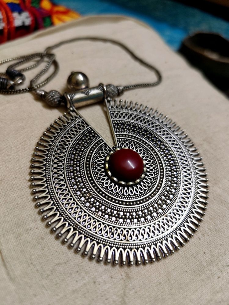 Oxidized GS Statement Pendant With Coral Stone