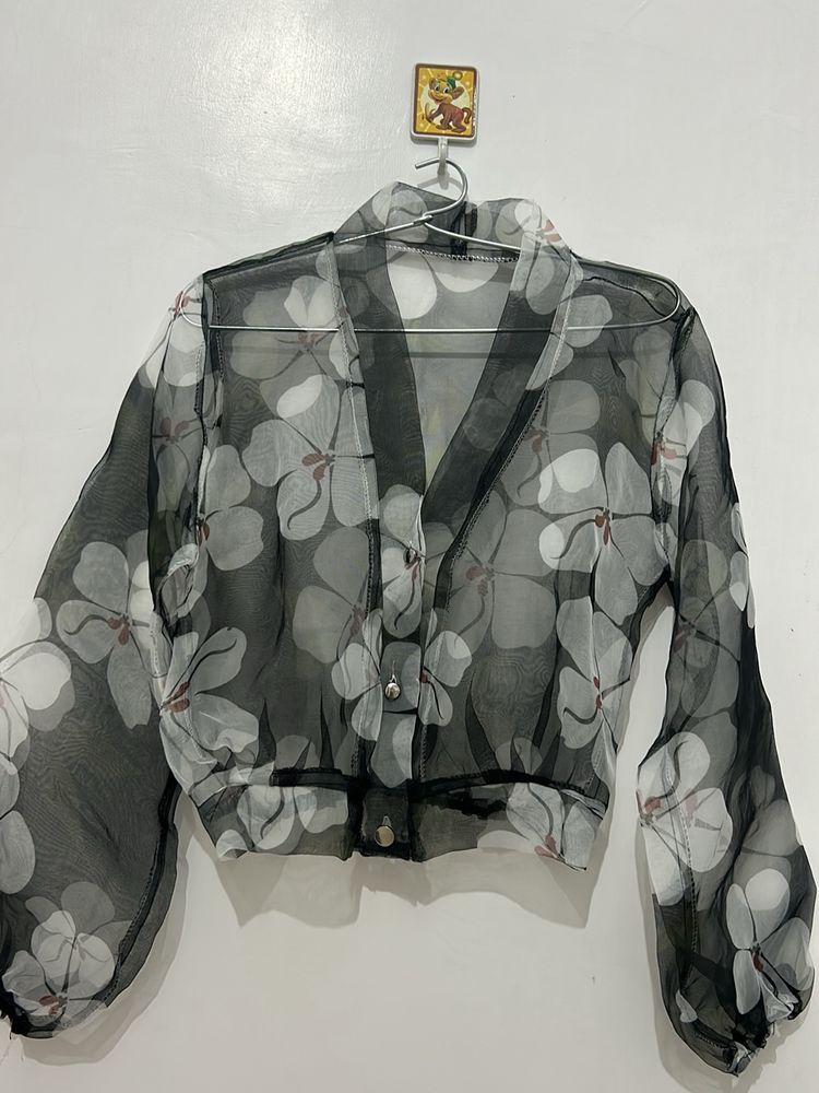 Sheer Floral Crop Shirt