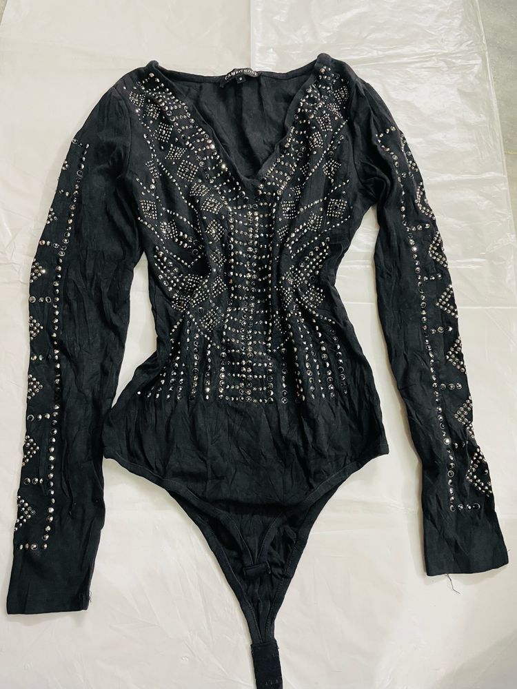 V Neck Full Embellished Bosysuit