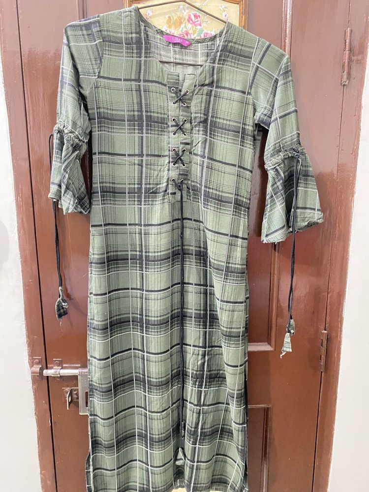 Checked Symmetrical Kurta In Military Green And Bl