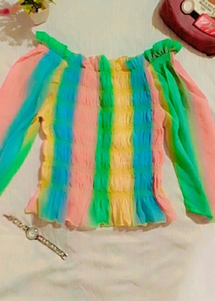 Beautiful  Off Shoulder Rainbow Crop Top