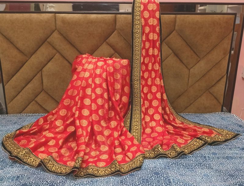 Red Wedding And Festive Saree With Stiched Blouse