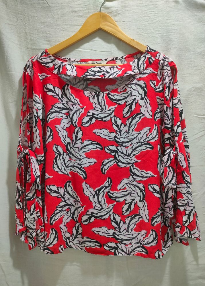 Branded Red Floral Top With Tie Up Sleeves