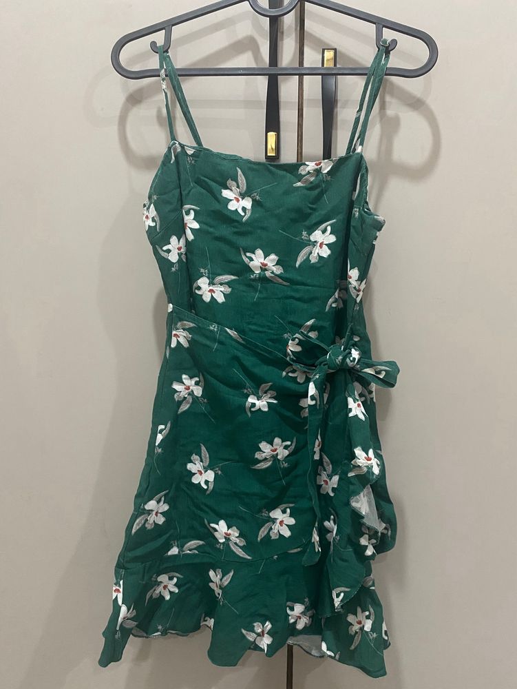 Dark Green And Floral Wrap Dress