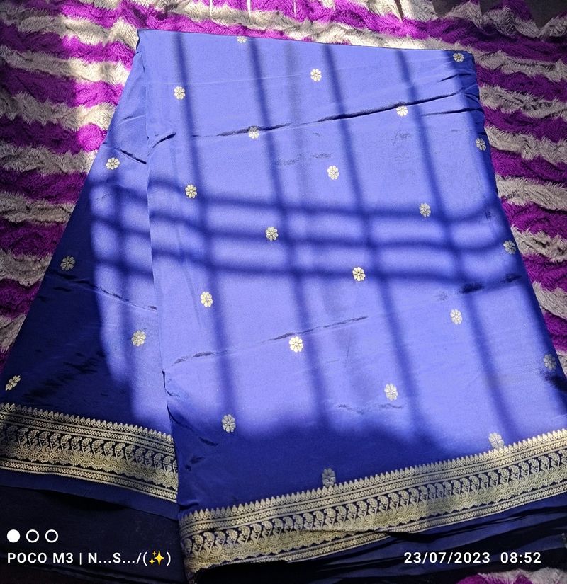 Beautiful Royal Blue Silk Sari With Golden Border