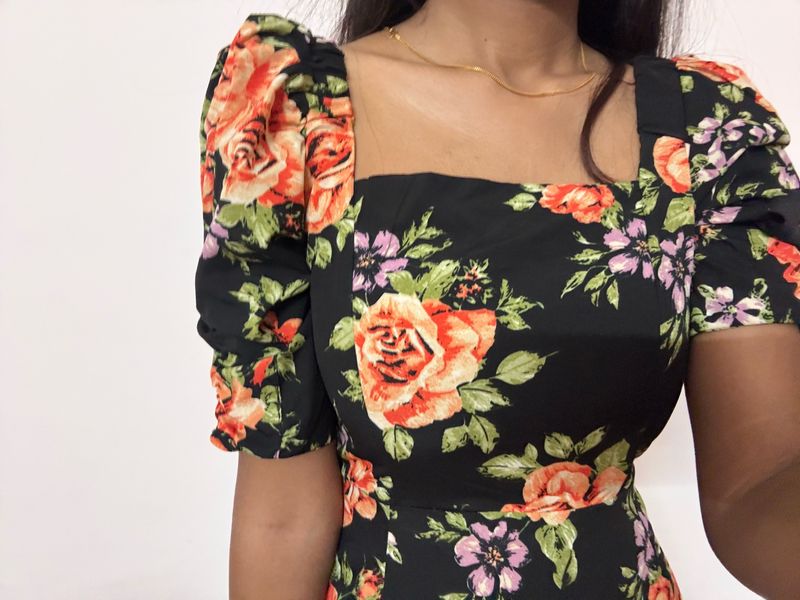 Black Floral Midi Dress Aesthetic New