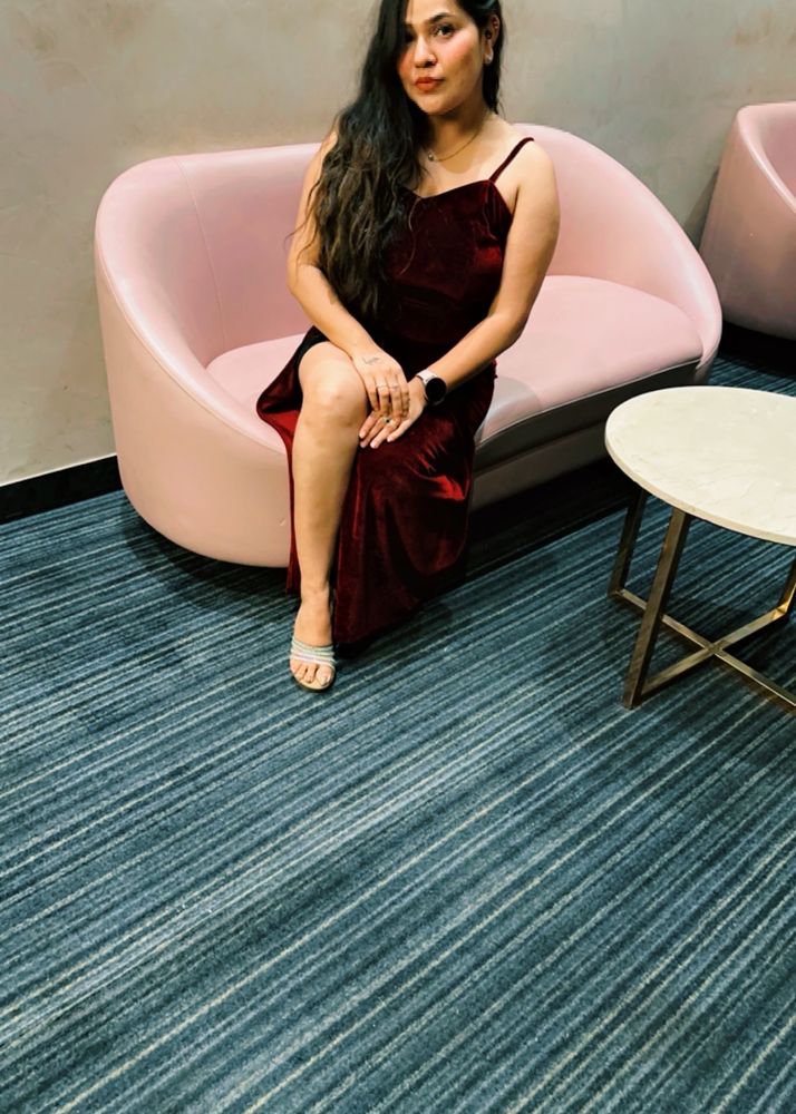 Maroon Velvet Party Wear Dress With Slit