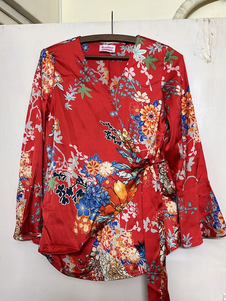 Red Floral Flared Sleeves Wrap Top