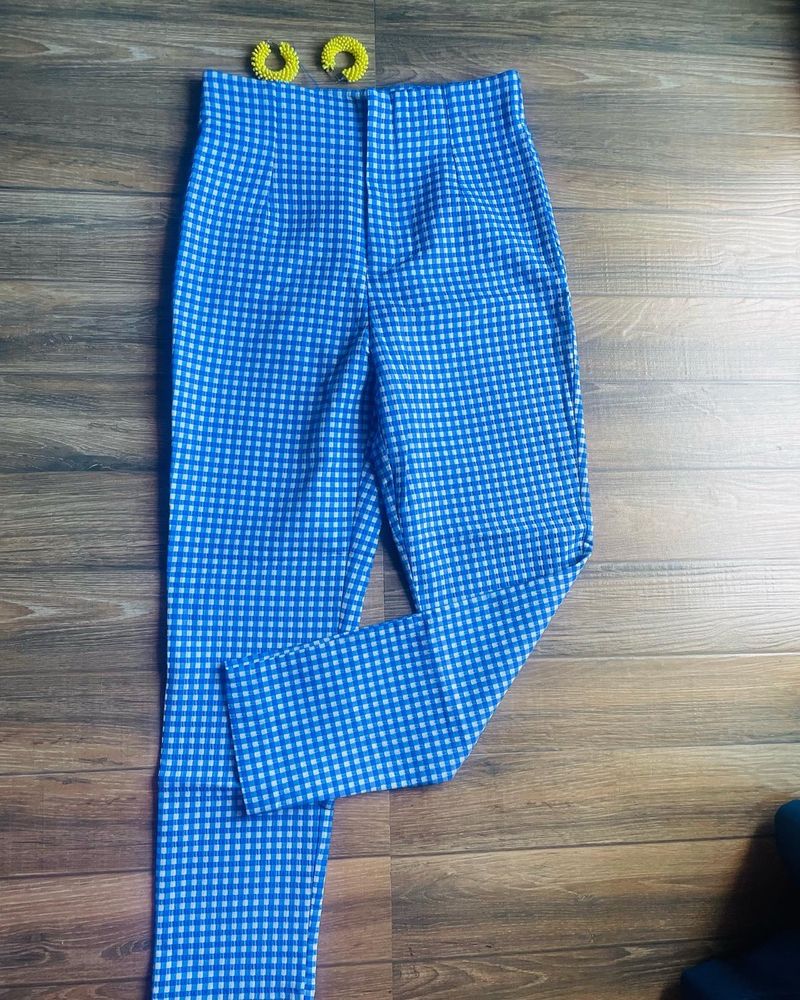 Zara New Blue And White Checkered Trouser