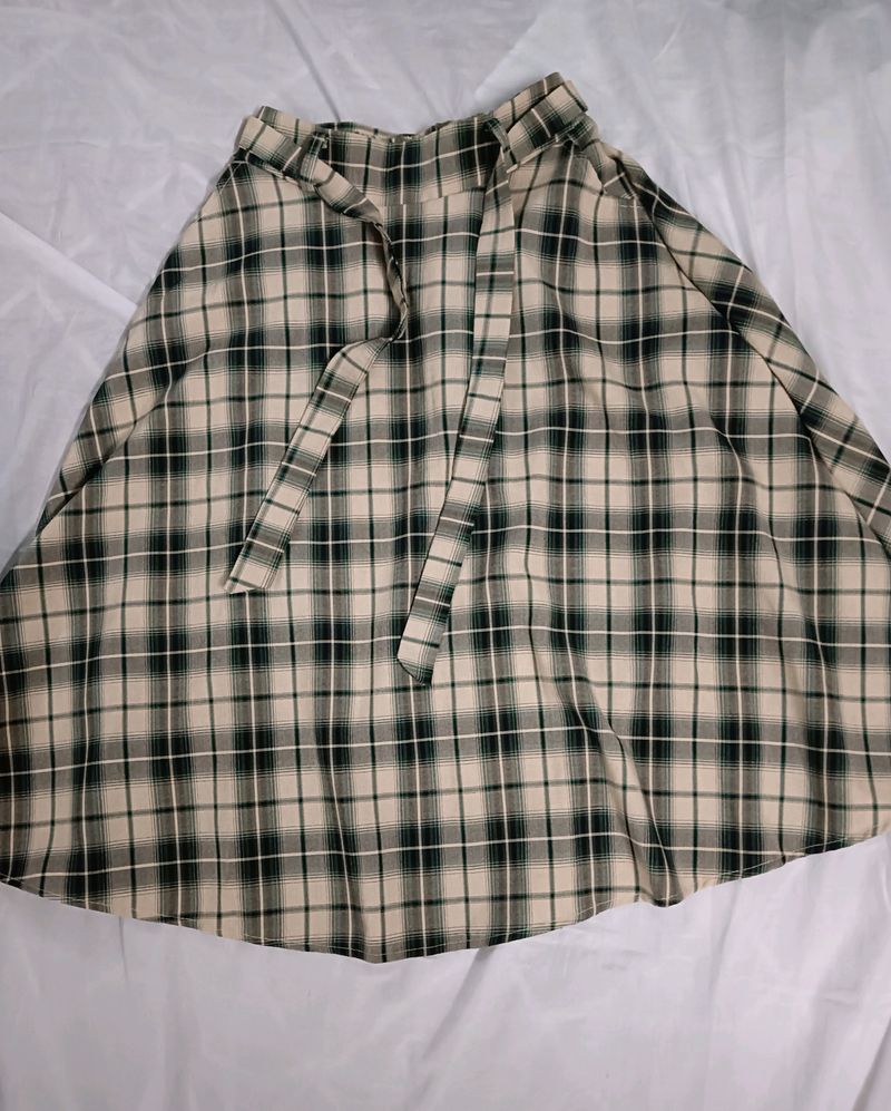 Olive green And Beige Checked Skirt