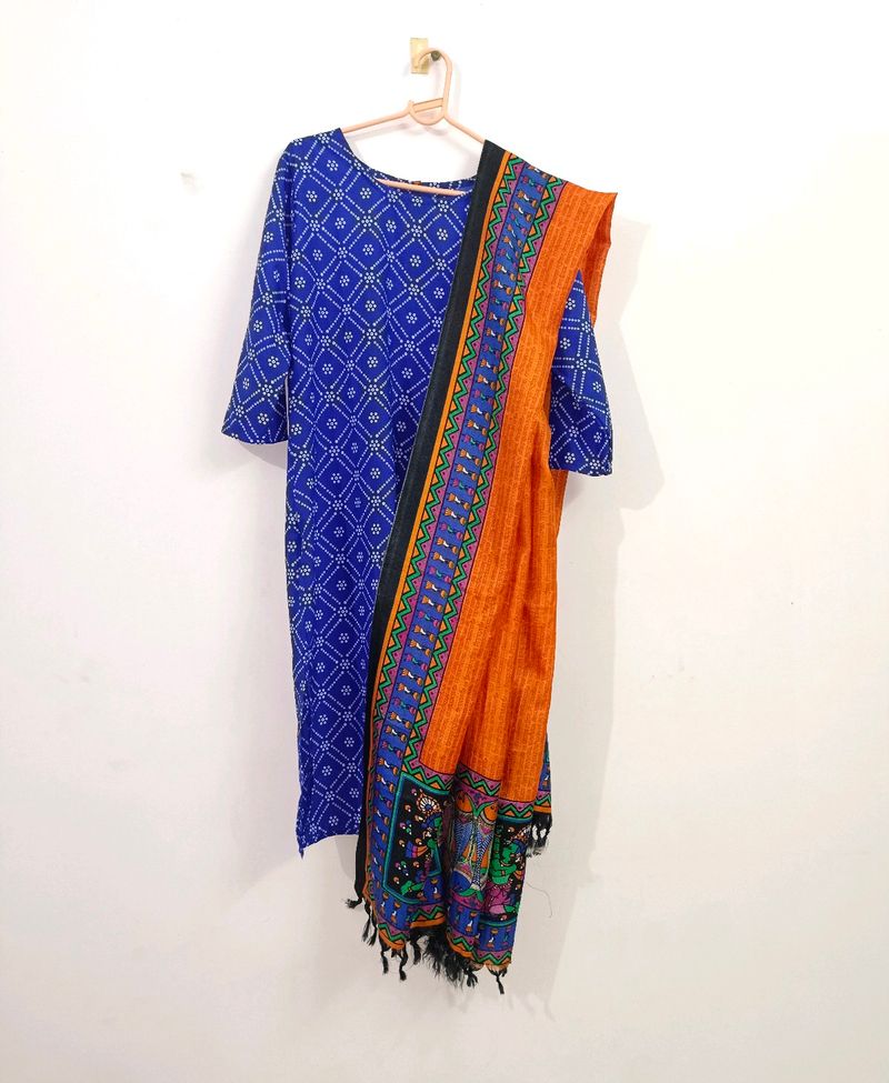 Blue Bandhani Kurta With Madhubani Duppatta