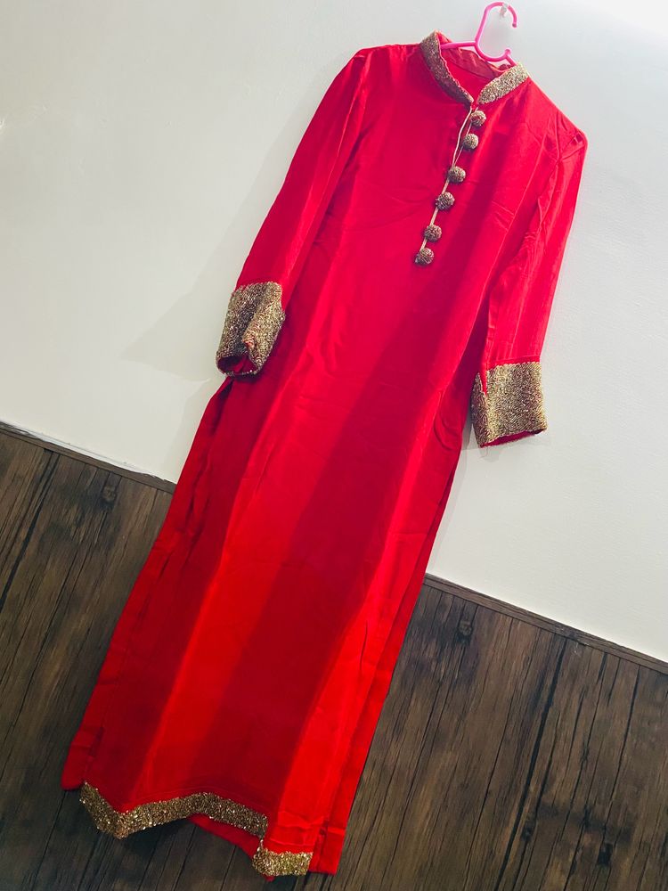 Cut Daana Work Red Kurta,Plazo And Duppta