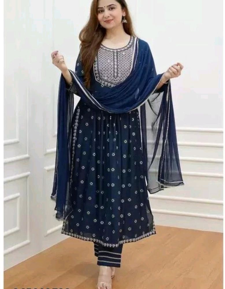 Blue Nyra Cut Embroidery Kurti Set