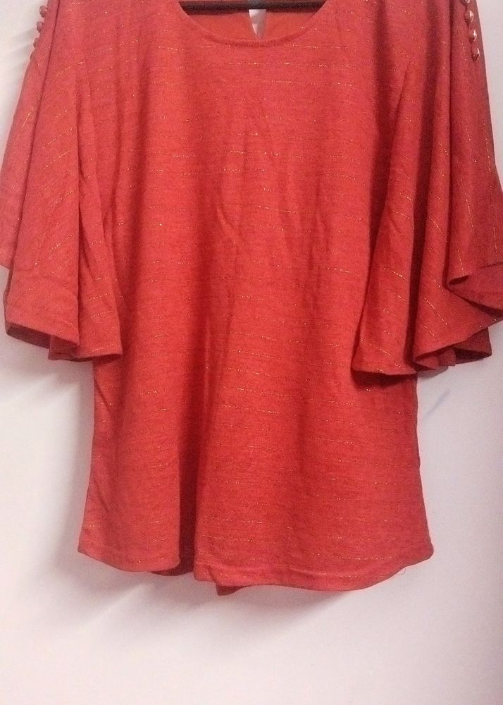 Red Color Top With Butterfly Sleeves.