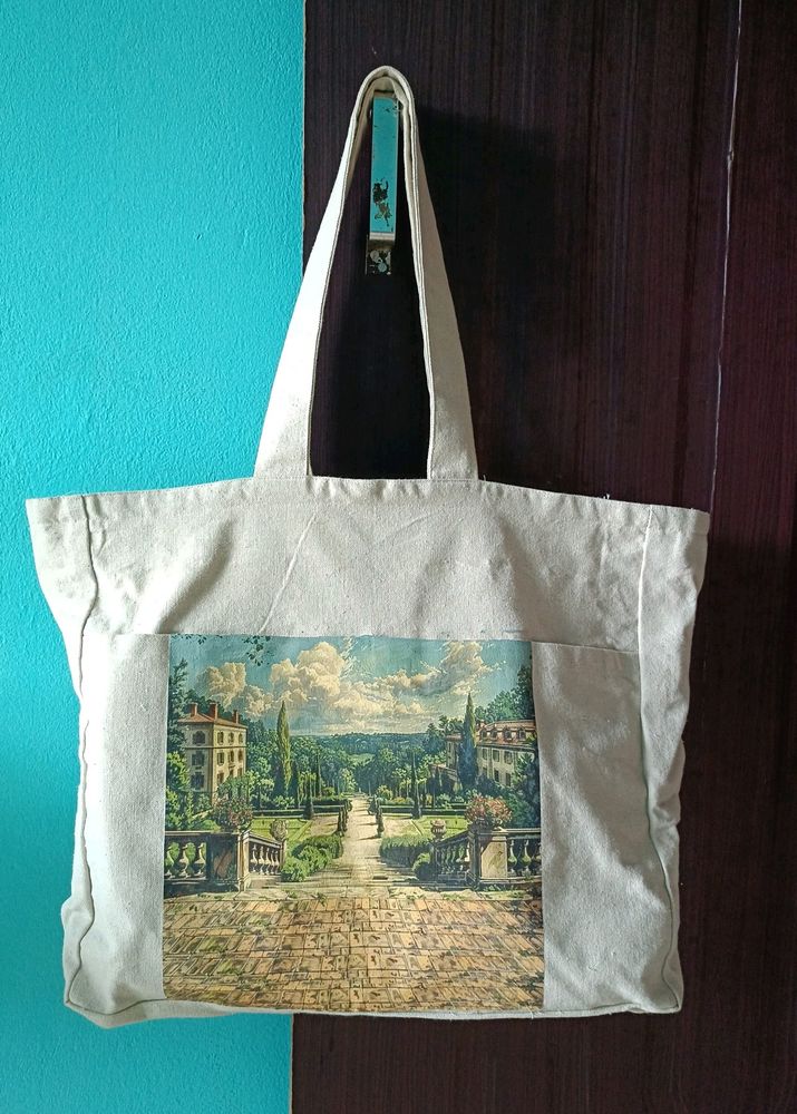 Beige Printed Daily Use Tote Bag