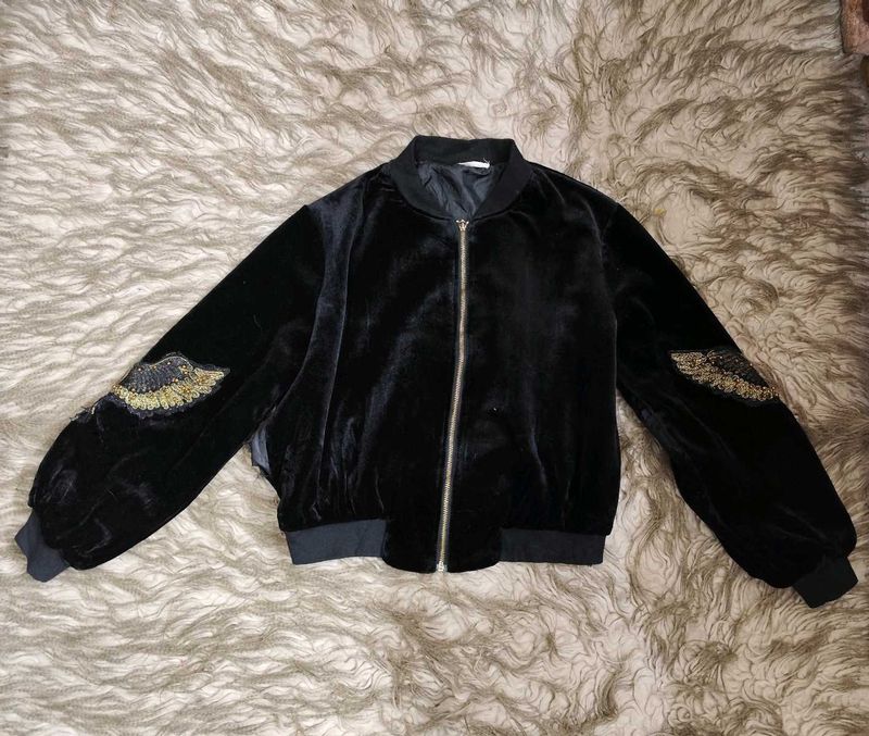 Unisex Black Side Embroided Velvet Jacket