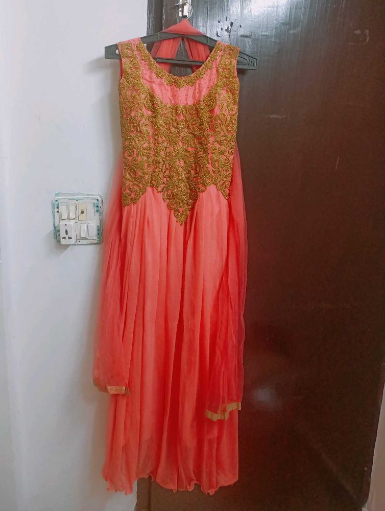 A Orange Colour Embroidery Long Gown