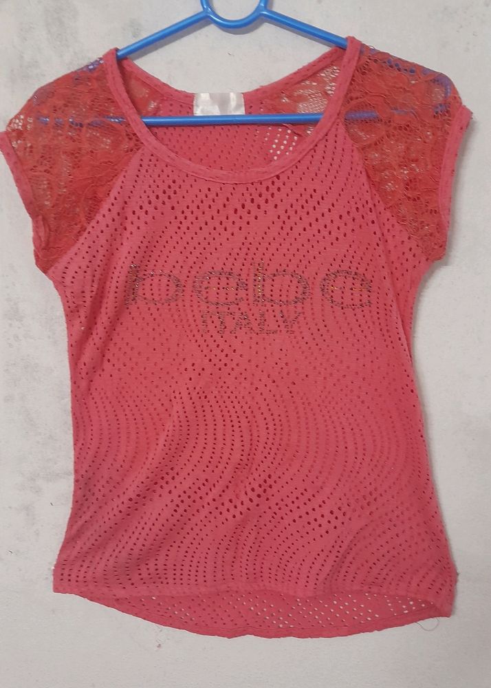 Net Sleeves Coral Colour Top