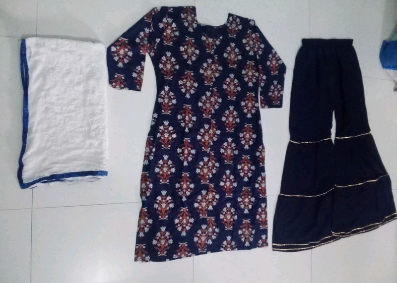 Kurti With Sarara Nd Chiken Work Duptta Xl Size