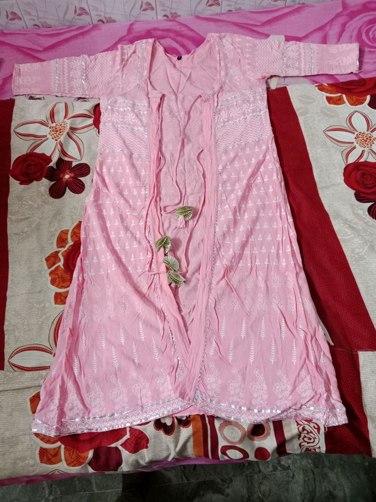 Pink Color Gotta Pati Printed Cotton Anarkali With Long Ethnic Jacket