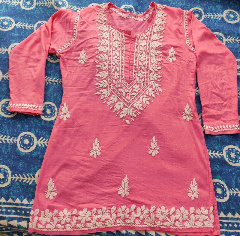 Pink Short Kurta With White Embroidery