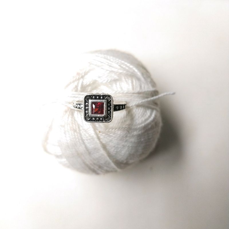 Pure Silver oxidised red stone Finger Ring.