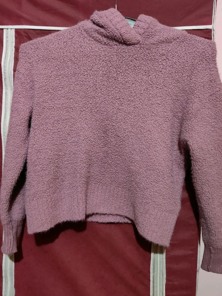 Purple Woolen hooded Crop Hoody