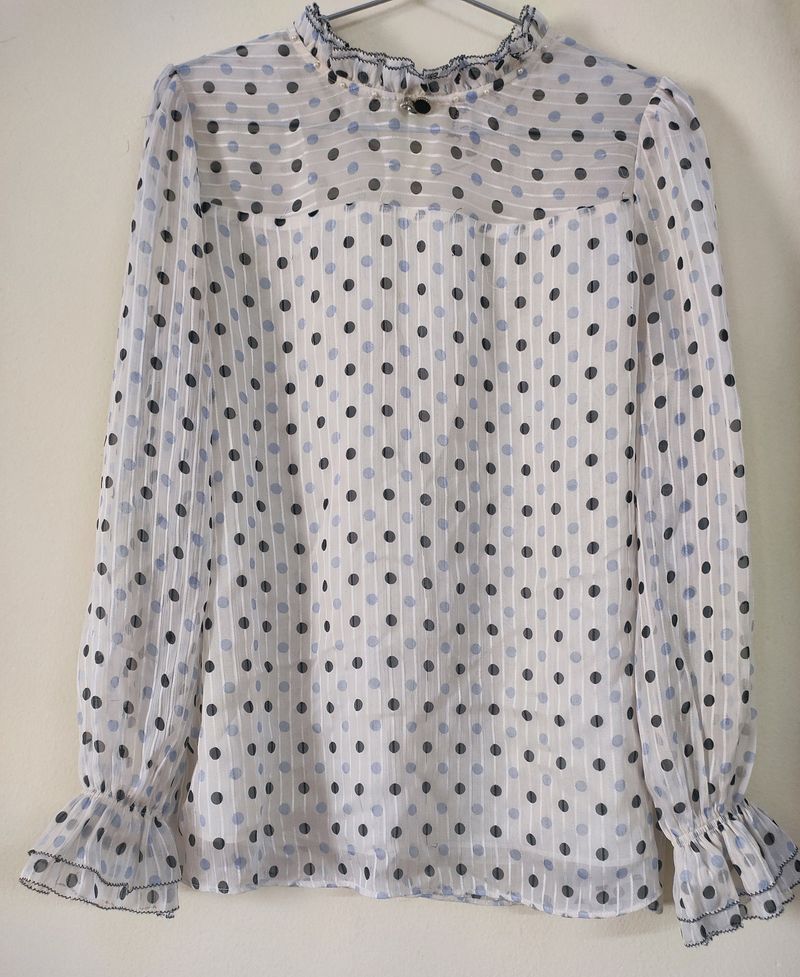 Polka Dot Print Puff Sleeves Top