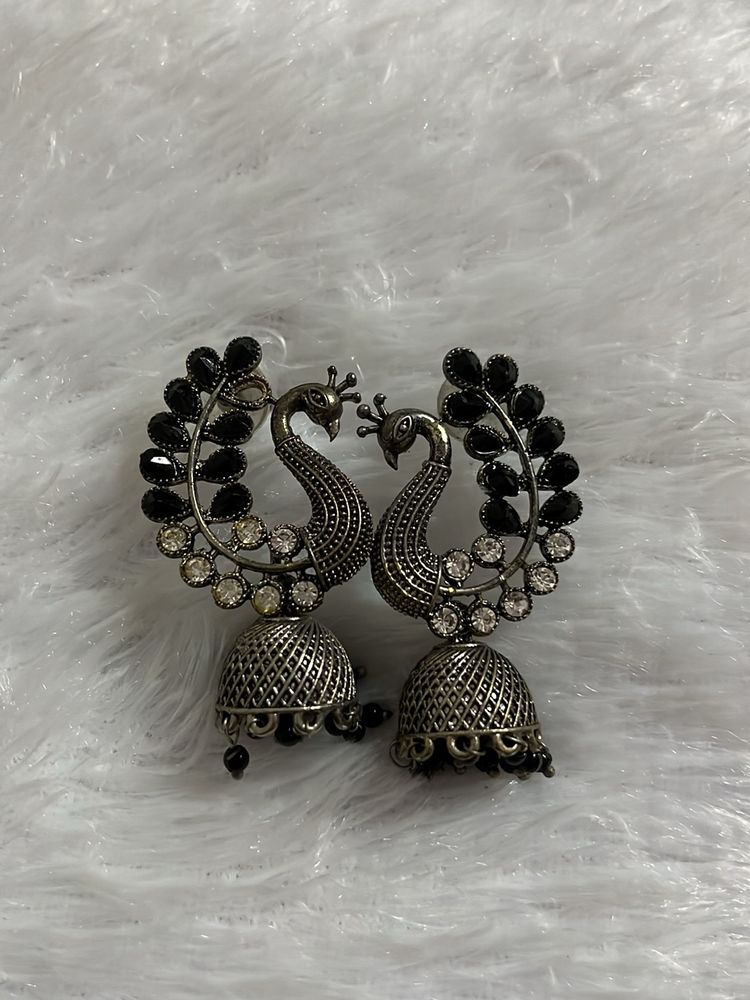 Silver Oxidised Peacock Earring