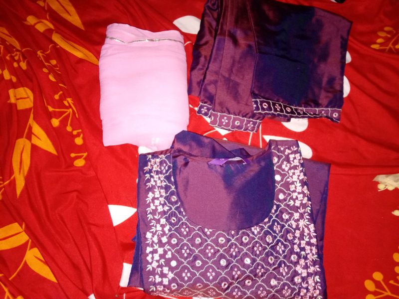 sPurple Mirror Work Kurti With Duppatta And Pants.