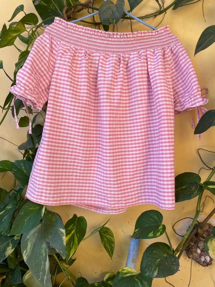 Pink Gingham Off Shoulder Top With Bow Detailing