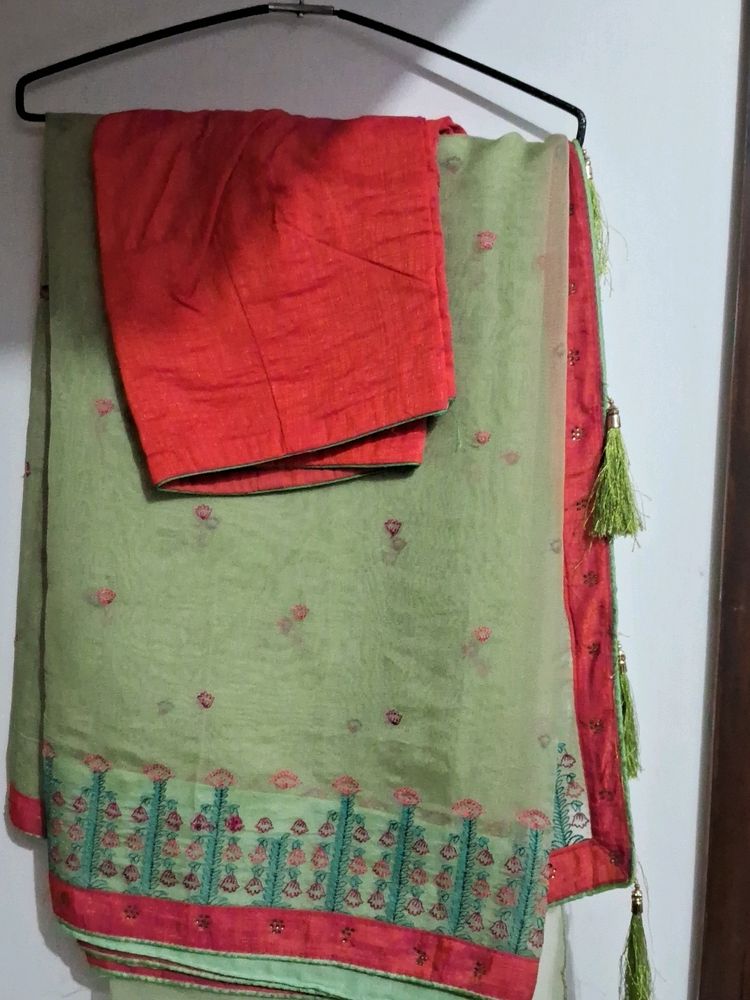 Organza Green Saree With Embroidery