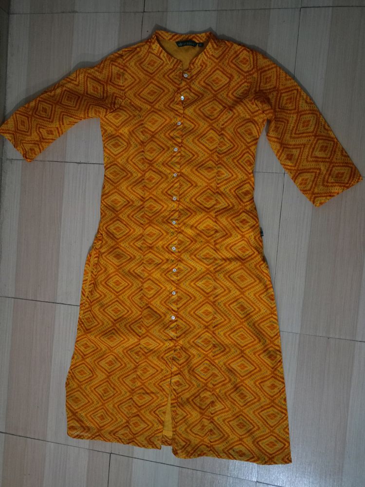 Yellow Printed Straight Kurti