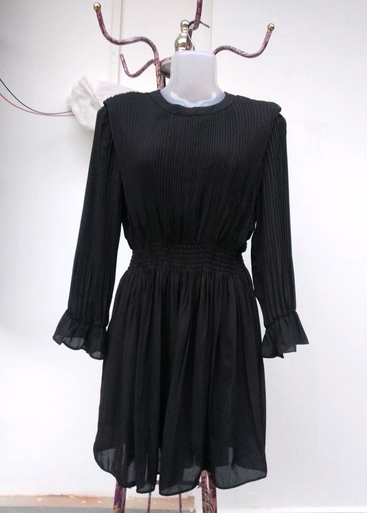 Black Pleaded Flared Mini Dress