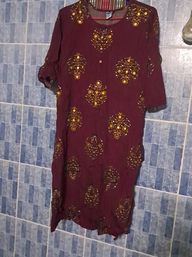 Wine Coloured Kurti With Artificial  Mirror And Ka