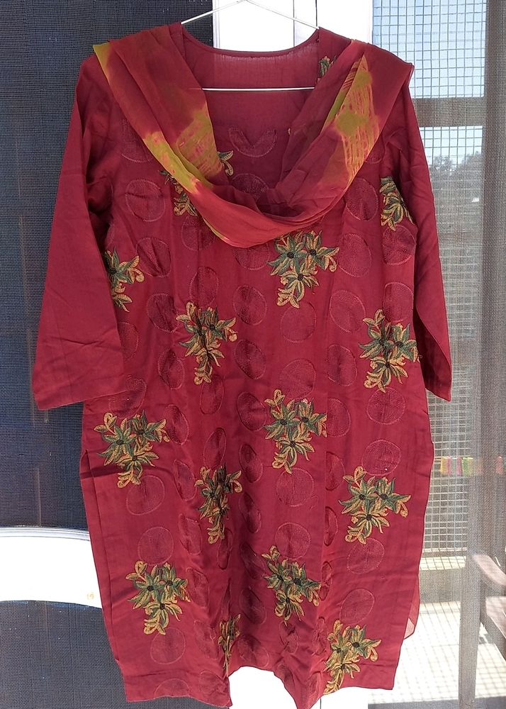 Maroon Stitched Salwar Suit Set With Dupatta