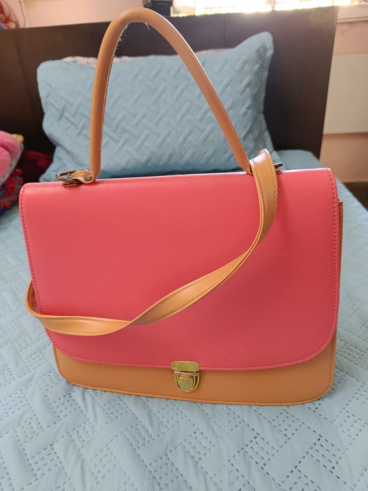 Coral Pink And Beige Handbag