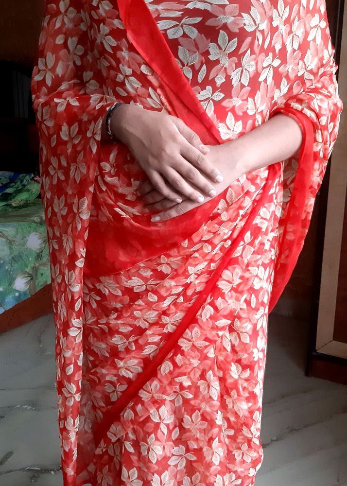 Red Printed Saree🍒🍓