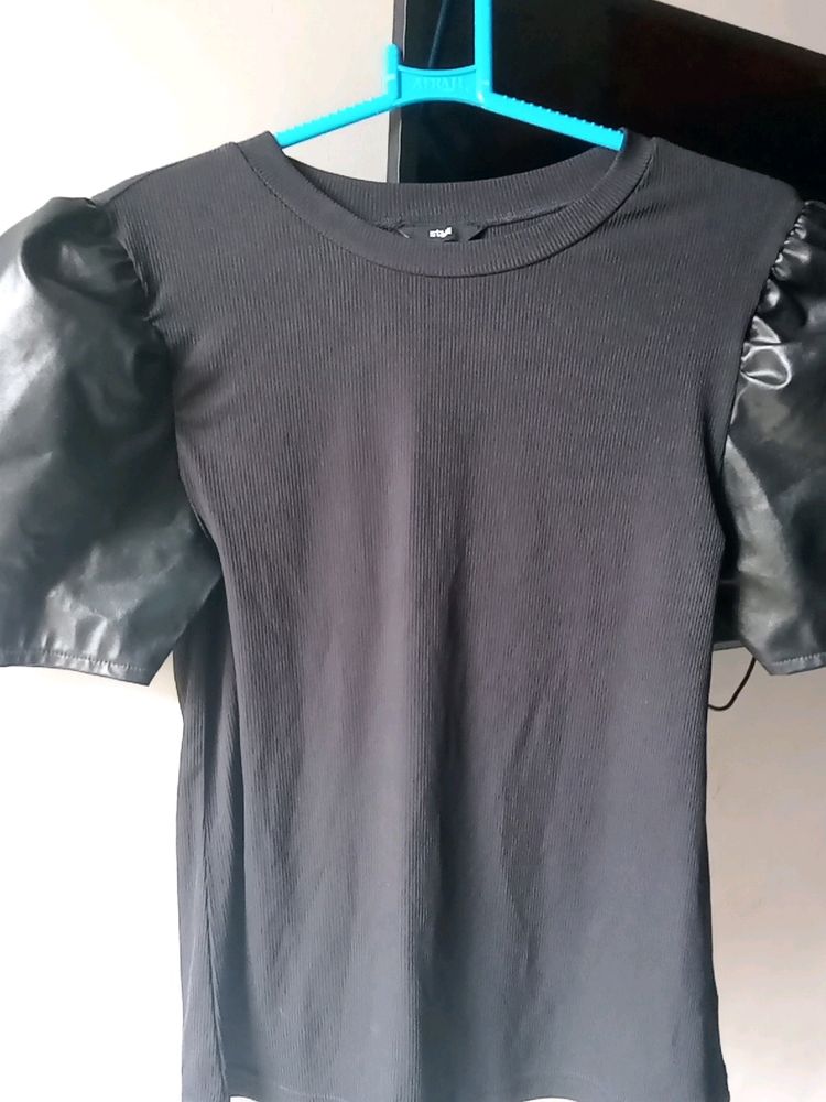 Black Top With Leather Sleeves