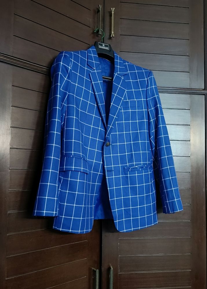 Men Partywear Checked Viscose Rayon Blue Blazer