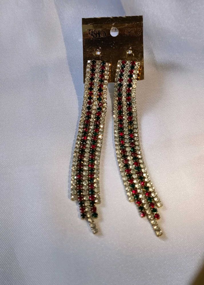 Shining green and red stone embroided earings.