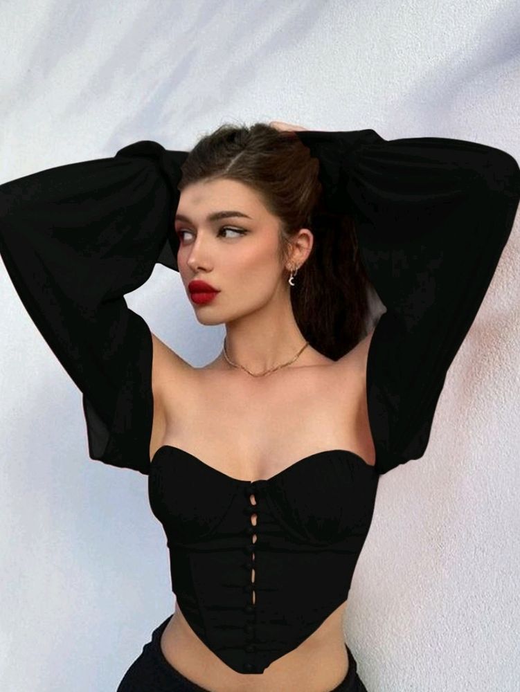 Black Crop Corset Top With Sleeves