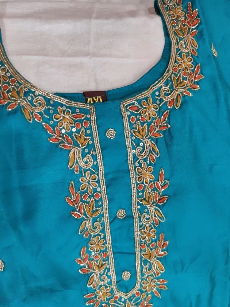 Roman Silk Firoji Suit With Organza Dupatta