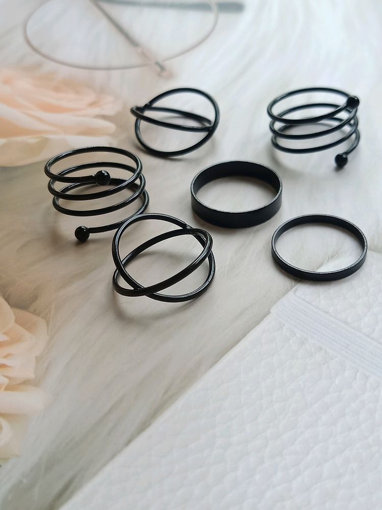 Black Stackable Rings ( Set Of 6)