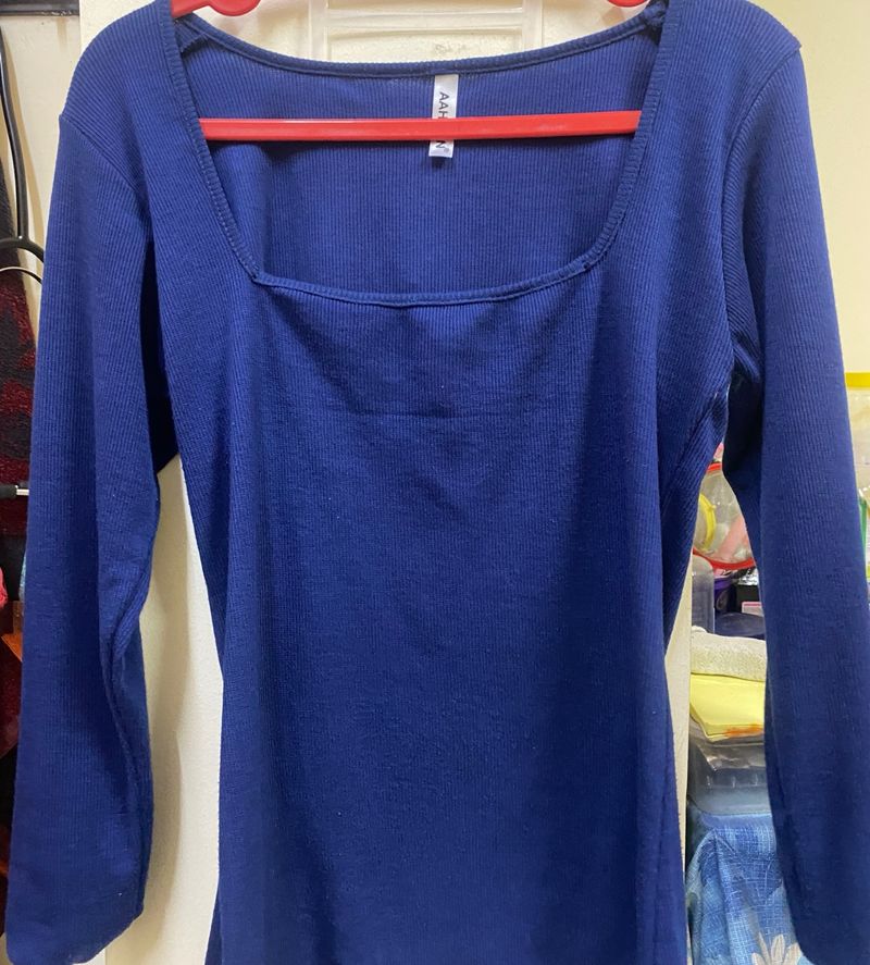 Blue Ribbed Full Sleeves Top