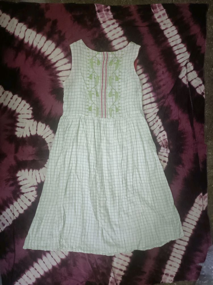 White Cotton Dress With Green And Pink Accent