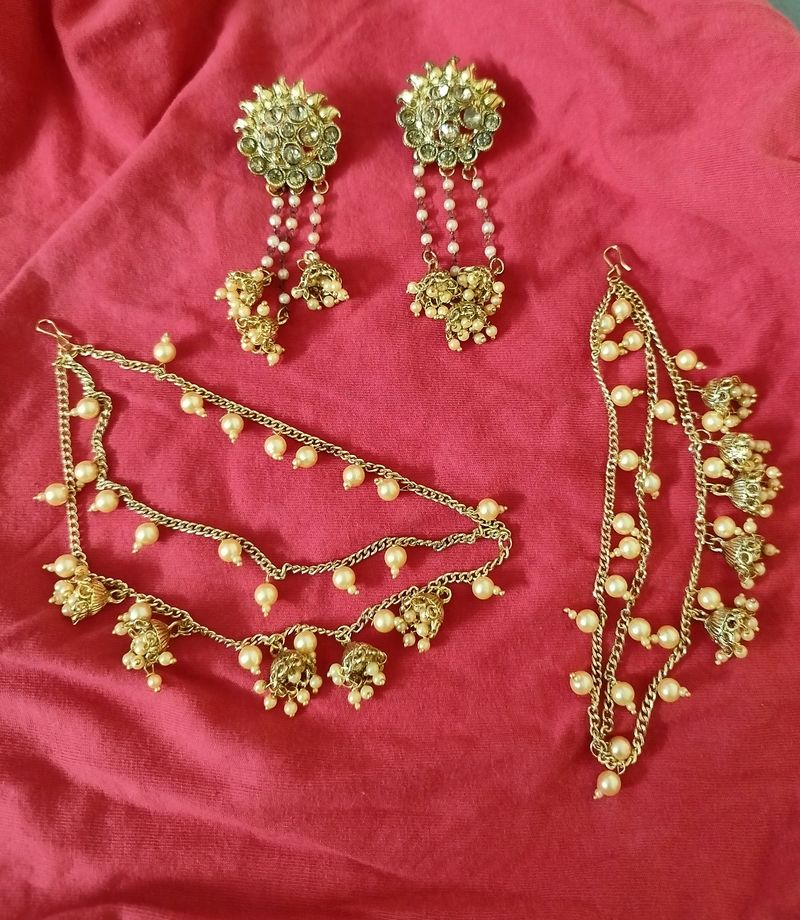 Bahubali Jhumka Earrings with Hair Chain